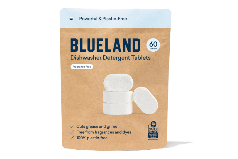 A packet of Blueland dishwasher detergent tablets