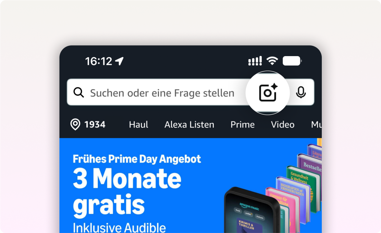 Amazon Lens: Prime Day Screenshot von dem Kamerasymbol in der App