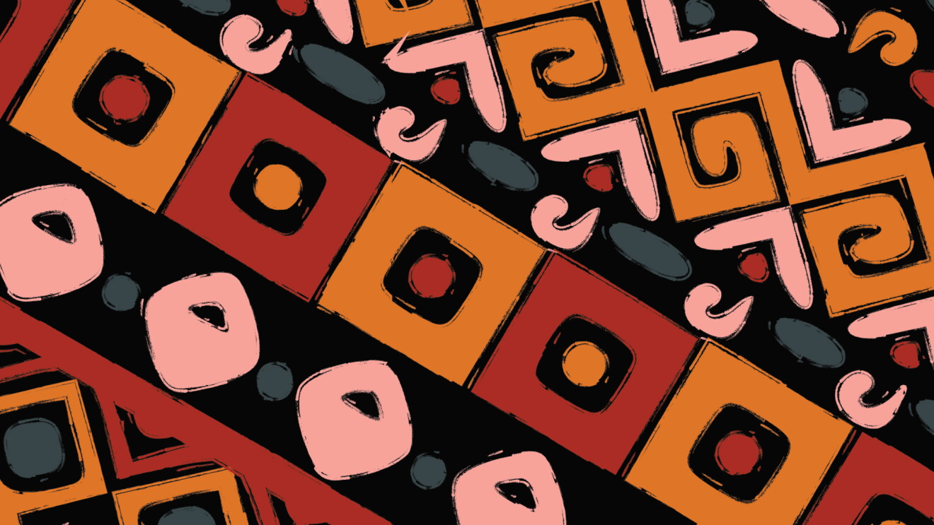 An illustration that shows repeating patterns in red, orange, coral, gray-blue on black. 