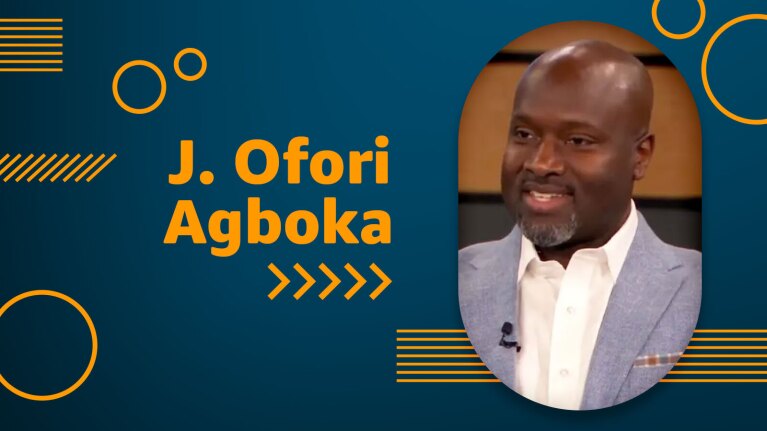 An image of J. Ofori Agboka, Amazon's vice president of people experience and technology. There is text next to his image that says "J. Ofori Agboka."