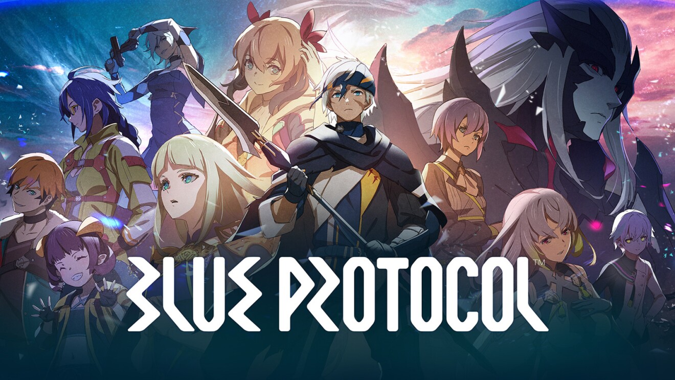 An image of Blue Protocol game that shows anime characters and "Blue Protocol" in white font.