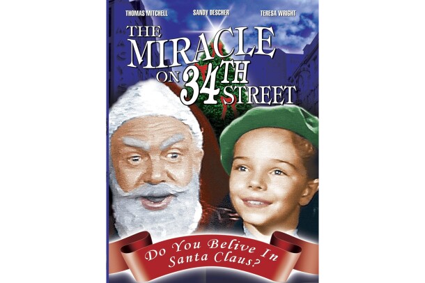 Cover art for "The Miracle on 34th Street" shows a man dressed like santa, next to a young child in a green beret, with a Christmas tree behind them.