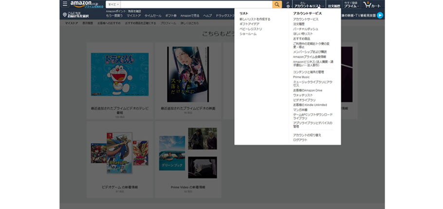 Amazonのトップページで「アカウント＆リスト」から「リスト」および「アカウントサービス」のプルダウンを表示した画面。プルダウン以外の部分にグレーがかかっている。