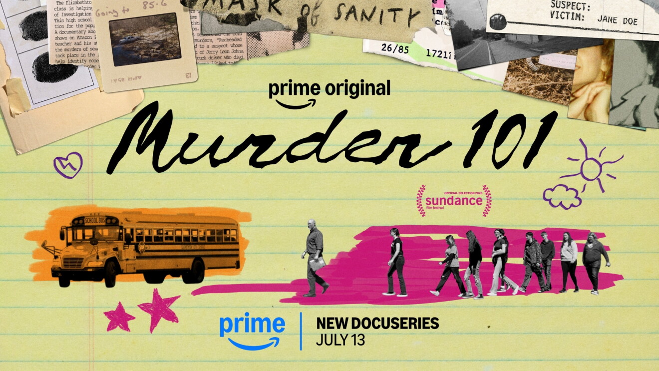 Prime Video's 'Murder 101' docuseries poster featuring yellow notepad design with crime investigation imagery