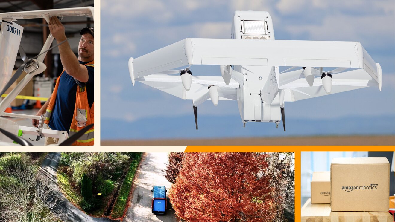 A collage of four images. The top left shows a man working on a drone, and next to it is the drone flying. the bottoms shows a Rivian delivery van and an Amazon Robotics box on the right bottom corner.