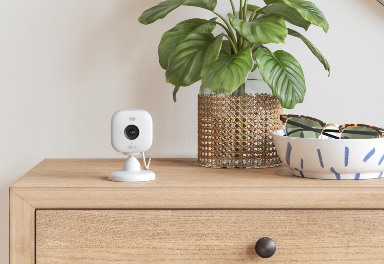 A Blink camera placed on a side table alongside a small plant and a dish containing a pair of sunglasses