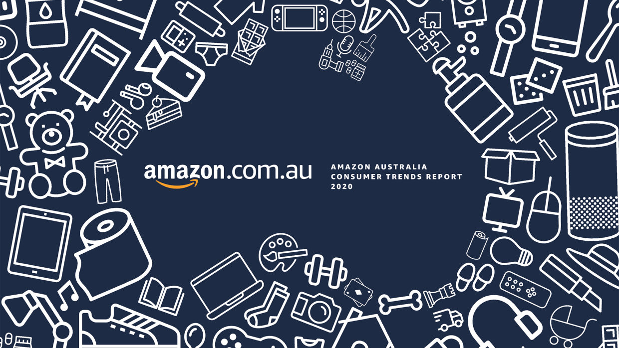 An illustration of white on navy blue with assorted items scattered about to illustrate the shape of Australia, with the words "Amazon.com.au" and "Amazon Australia consumer trends report 2020"