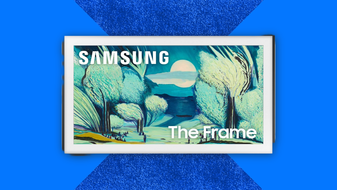 Samsung The Frame TV displaying a blue-toned landscape artwork with trees and moon, set against a geometric blue background for Amazon Prime Big Deal Days 2026