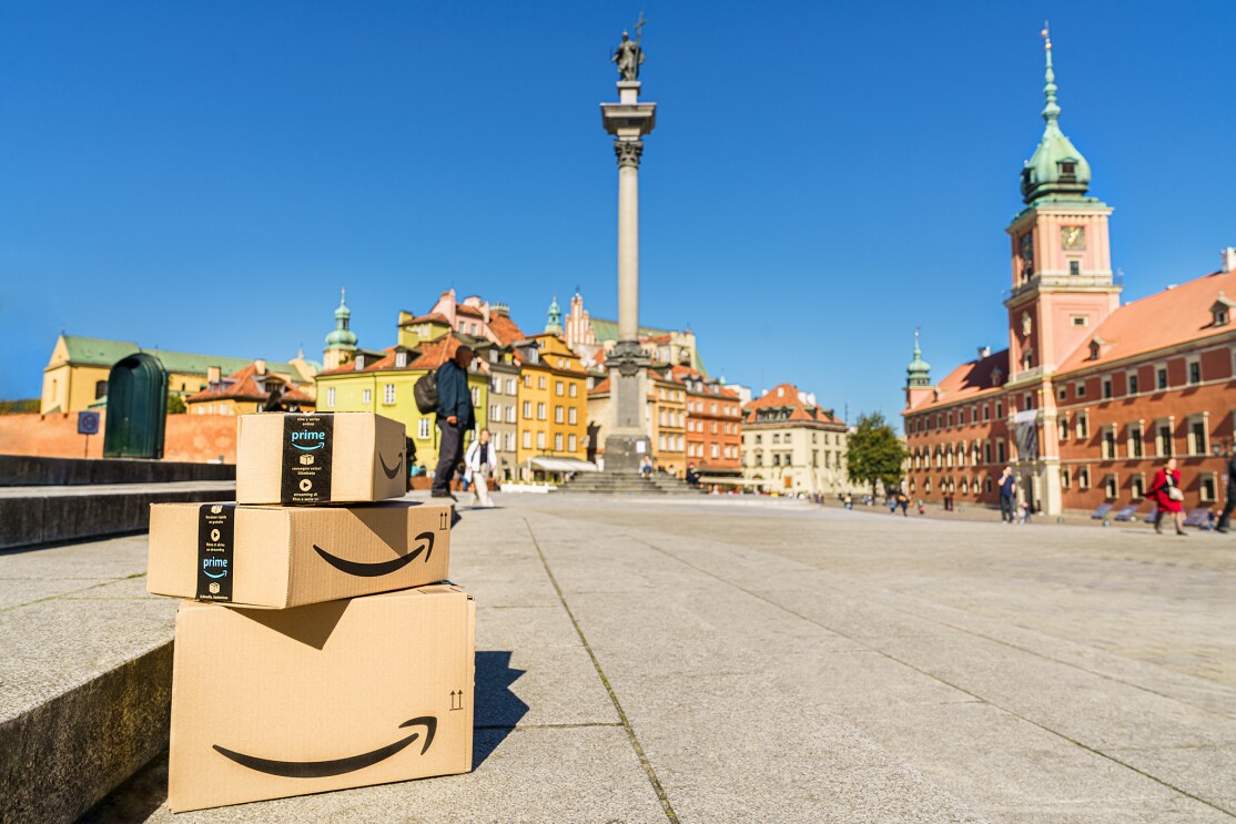 Boxes of Amazon Prime in Poland in Warsaw - view from the Old Town