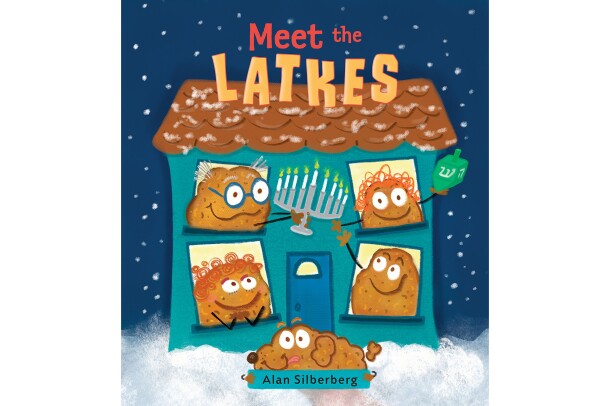 Meet the Latkes holiday book shows a house under a light dusting of snow. In each of the four windows is a latke with a face and smile. The two in the second floor windows hold a menorah and a dreidel. In front of the house is a dog latke.