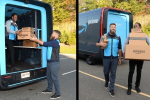 Side by side images of football players Richard Sherman and Ryan Fitzpatrick driving Amazon’s electric delivery vans and delivering packages.