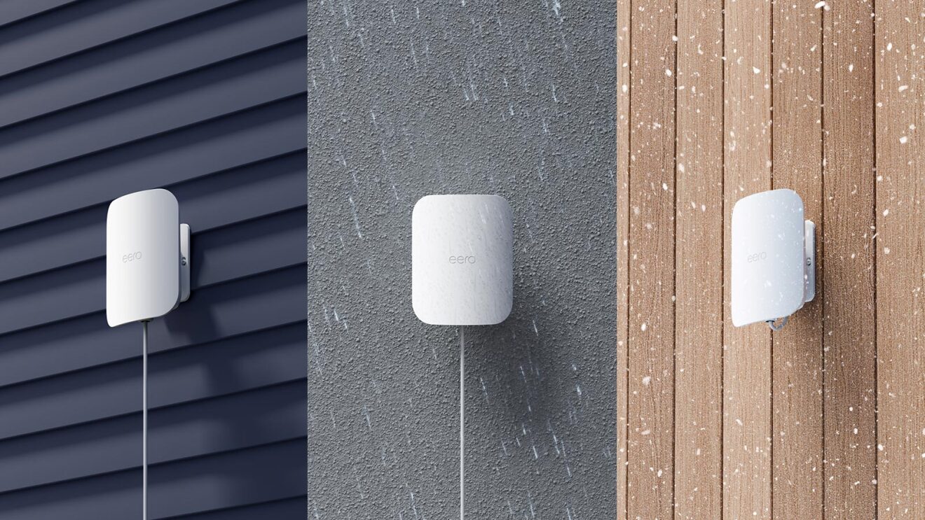 eero devices on the exterior of a home shown in different weather conditions