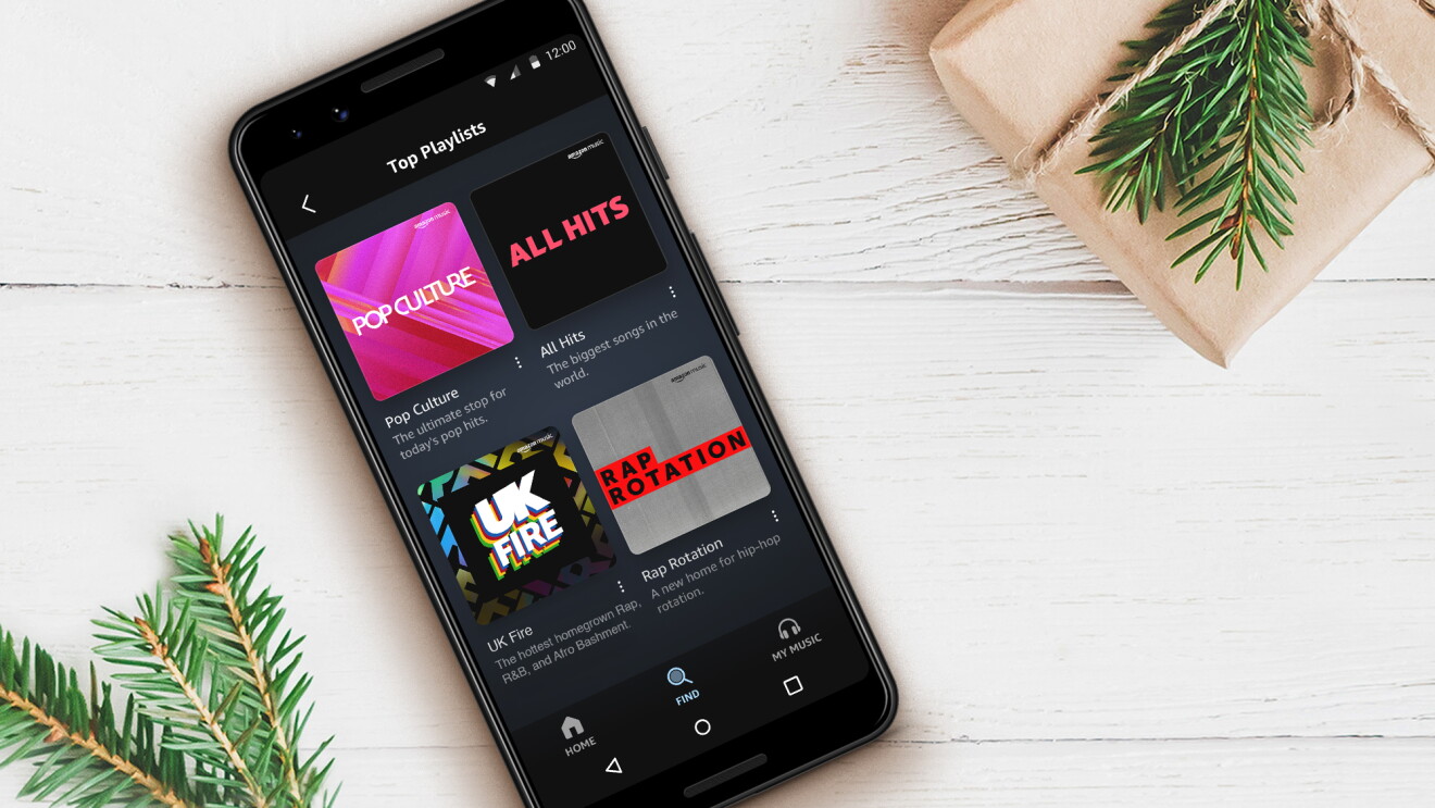 Amazon Music app on a smartphone displaying various playlist covers. 