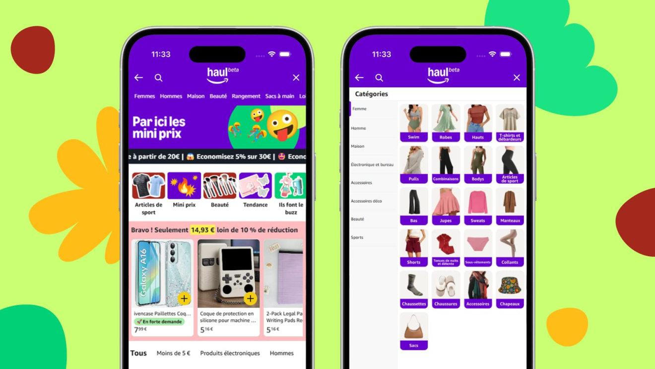 Interface d'application mobile pour la plateforme d'achats en ligne 'haul