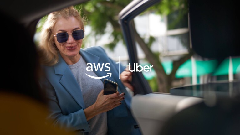 A customer entering the back of a car with an AWS and Uber logo overlay.
