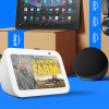 Assortment of Amazon products including Echo, tablet, and headphones