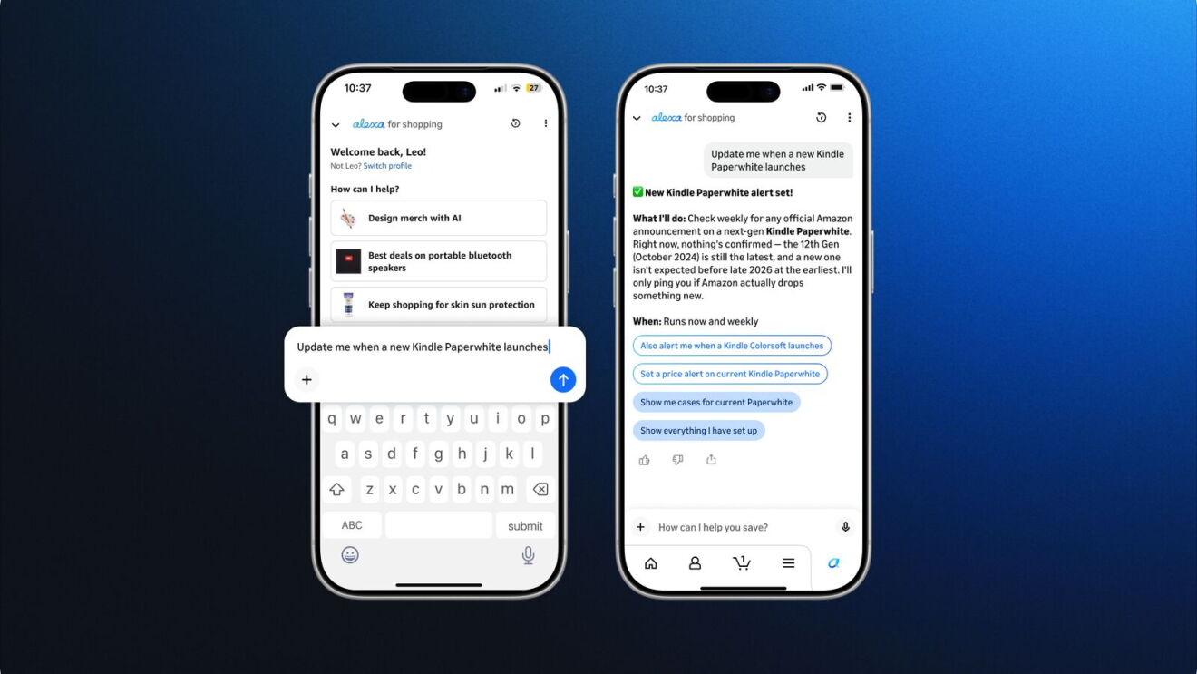 Two phones showing the Alexa for shopping “Update me when” feature with a Kindle Paperwhite alert being set up