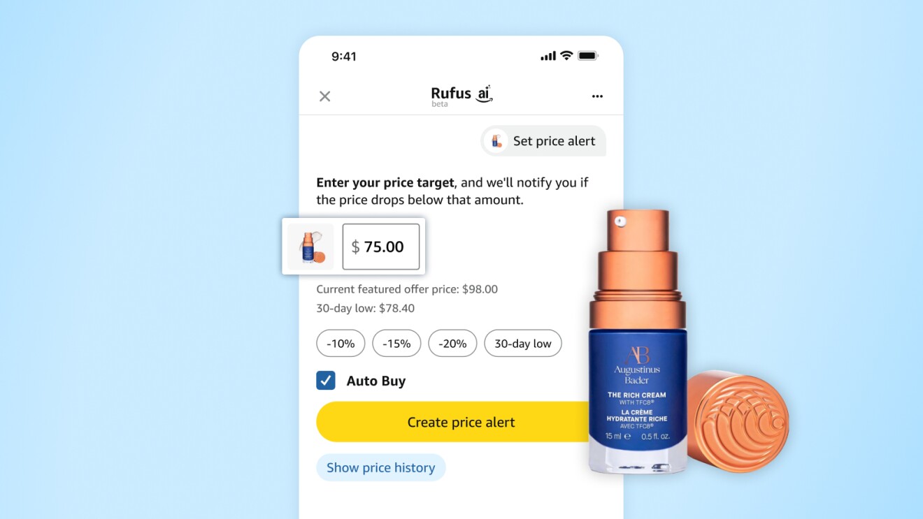 Rufus AI interface displaying price alert settings for beauty item