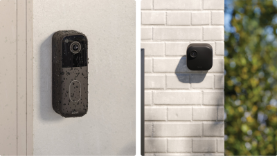 Blink doorbell with water droplets on it next to Blink Outdoor 4 camera
