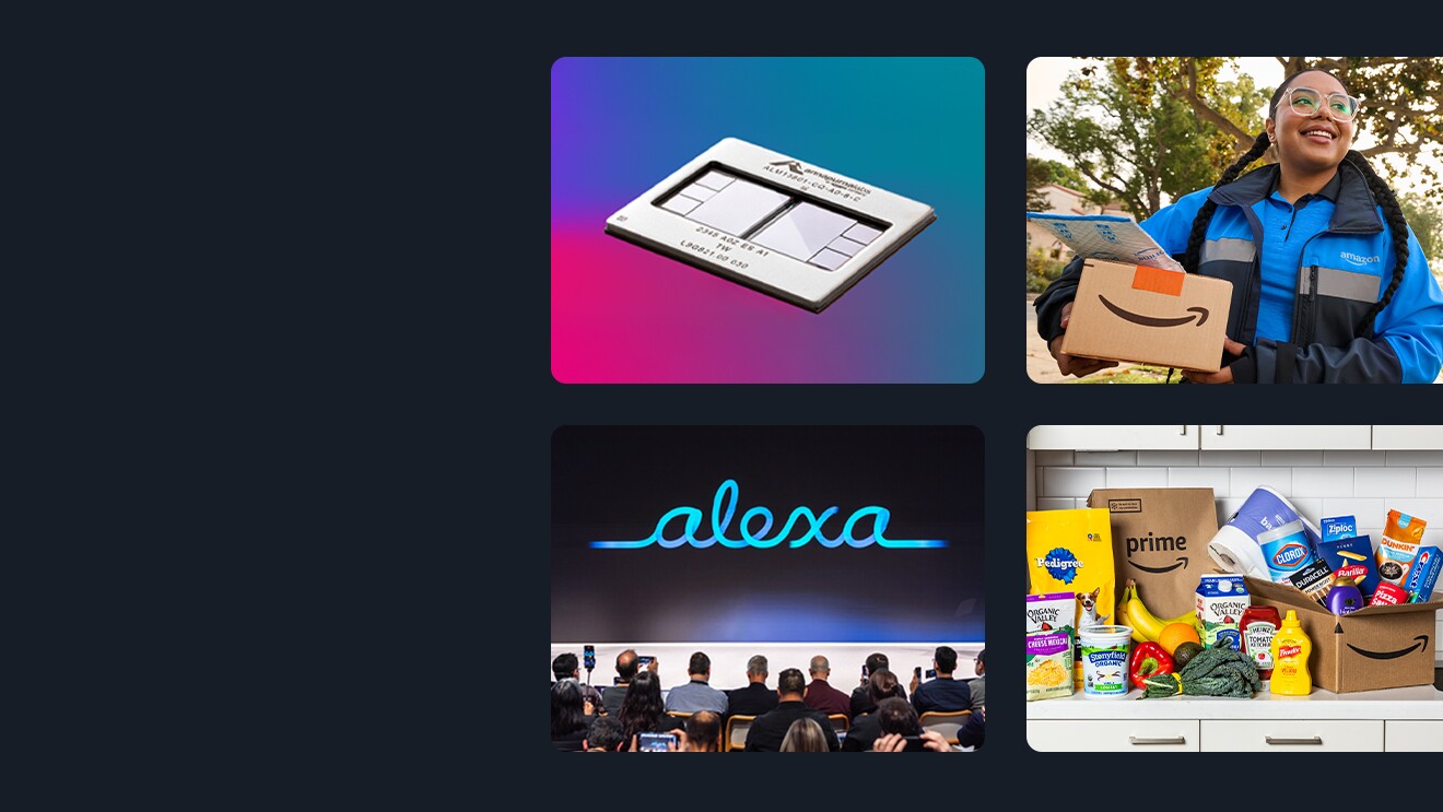 Collage of Amazon ecosystem represented by tech, logistics, AI, and retail images