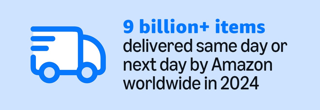 Infographic with blue delivery truck icon: Amazon's 9 billion+ rapid deliveries globally in 2024