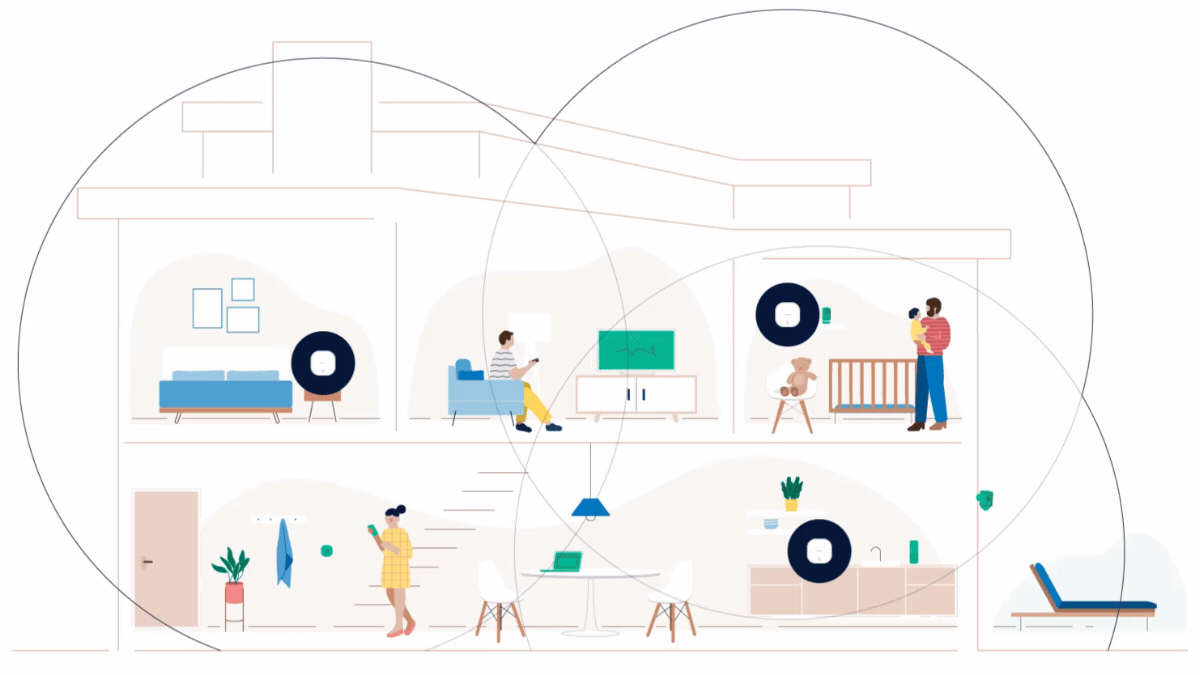 家の中に、様々な活動をしている4人の家族が置いたデバイスから放送している大きな丸形に囲まれているイラスト