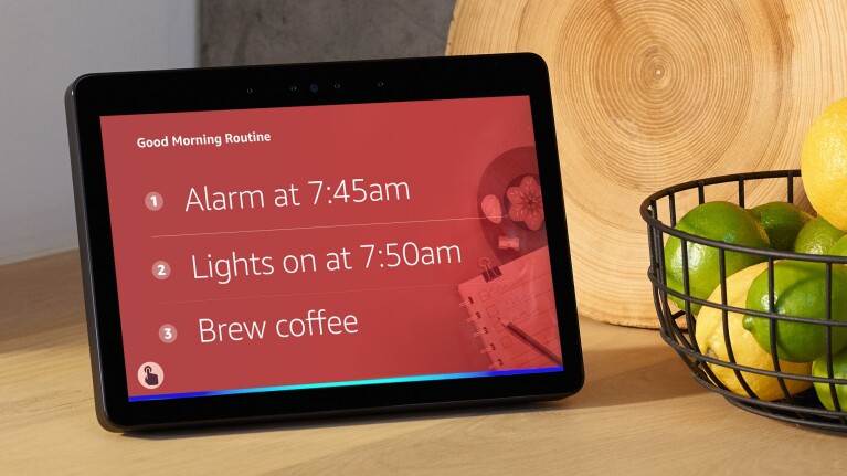 Echo smart home device showing 'Good Morning Routine' schedule