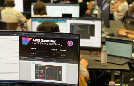 Biick in ein AWS Rechenzentrum. Zu sehen sind frontal einige Bildschirme, auf dem ersten ist eine Website zum AWS Game Day zu sehen.