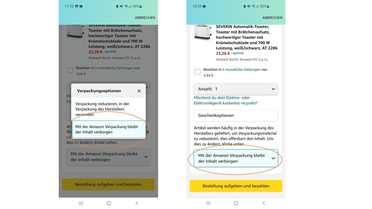 Verpackungsoption bei Amazon mit Umverpackung