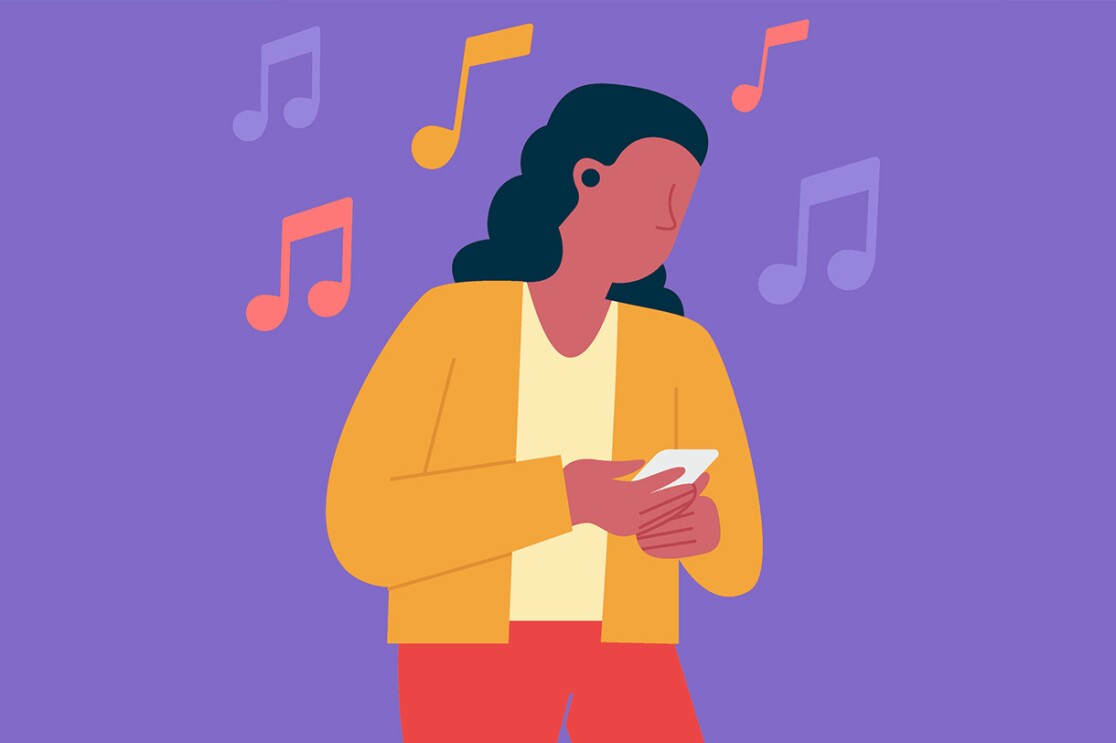 An illustrated image of a person listening to music with their device. There are music notes surrounding them. 