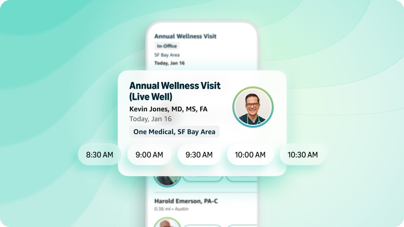 Appointment card for Annual Wellness Visit on Amazon One Medical with time slots