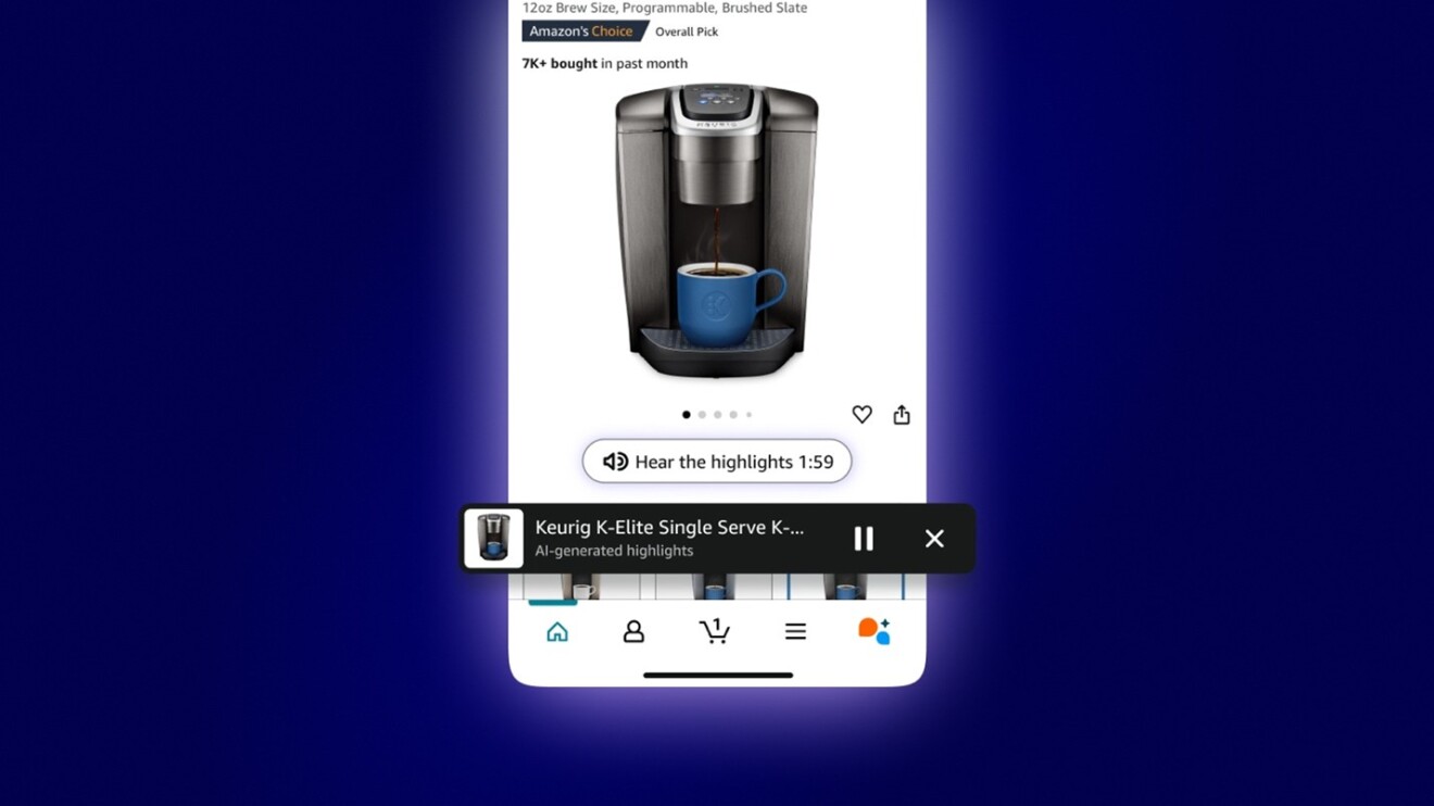 Amazon listing with Hear the Highlights feature for Keurig K-Elite coffee maker