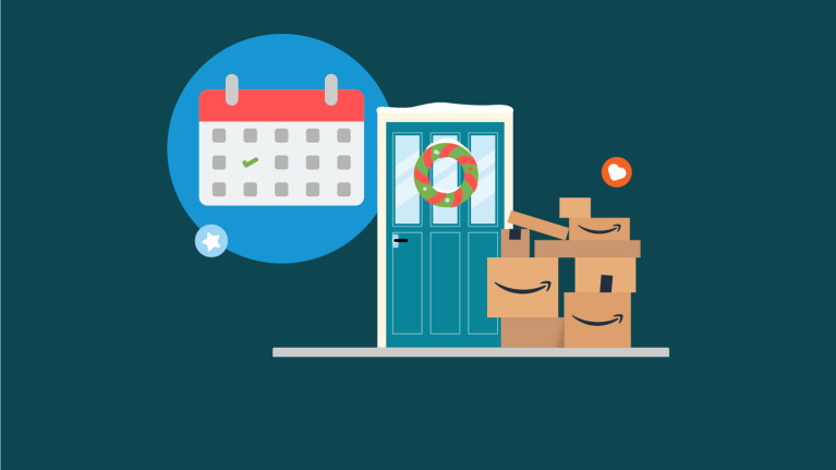 Amazon delivery boxes stacked beside door with holiday wreath, calendar icon nearby