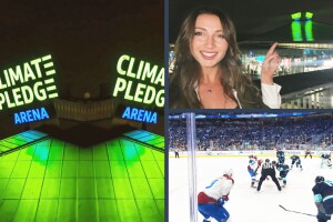 A collage with various images of the Climate Pledge Arena.