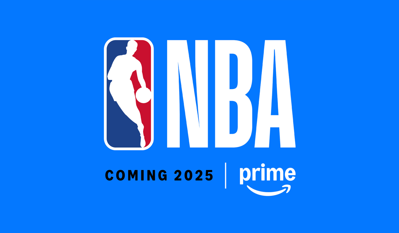 A blue background with the NBA logo and Amazon Prime logo. Text reads "Coming 2025"