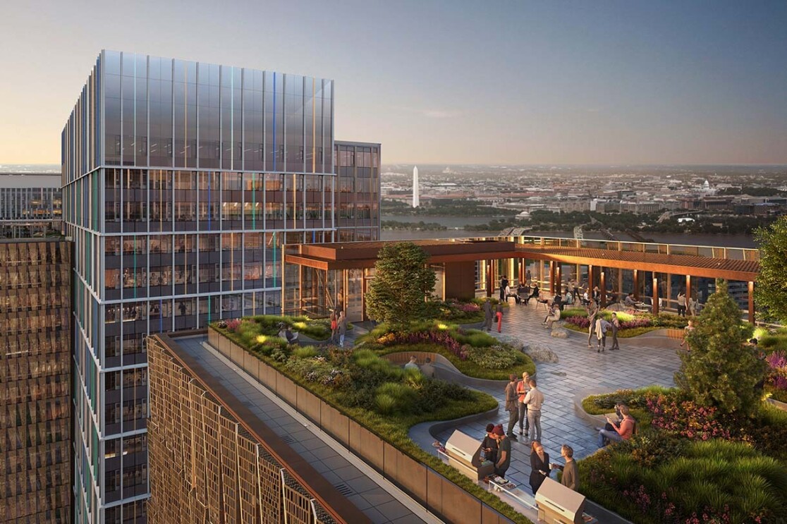 Image renderings showing the Met Park at Amazon's second headquarters in Arlington, Virginia.