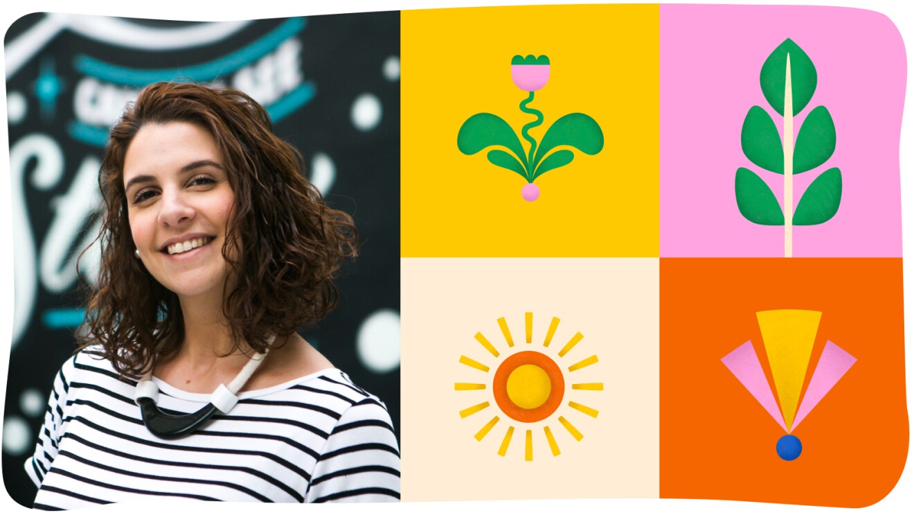 A collage of illustrated assorted objects on the right, and the headshot of Mel Cerri, a lettering artist and illustrator based in Brazil, on the left side. 