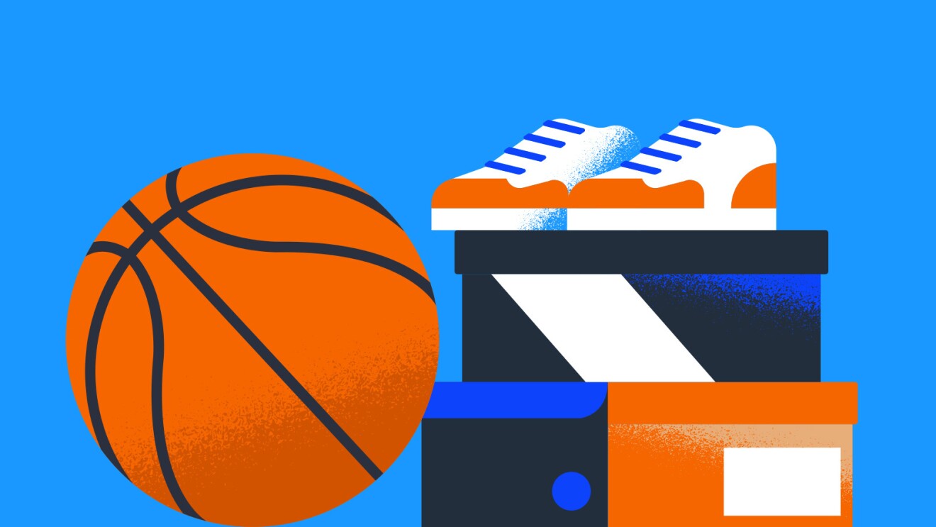 An illustrated image of boxes with sports shoes stacked on top and a basketball next to them.