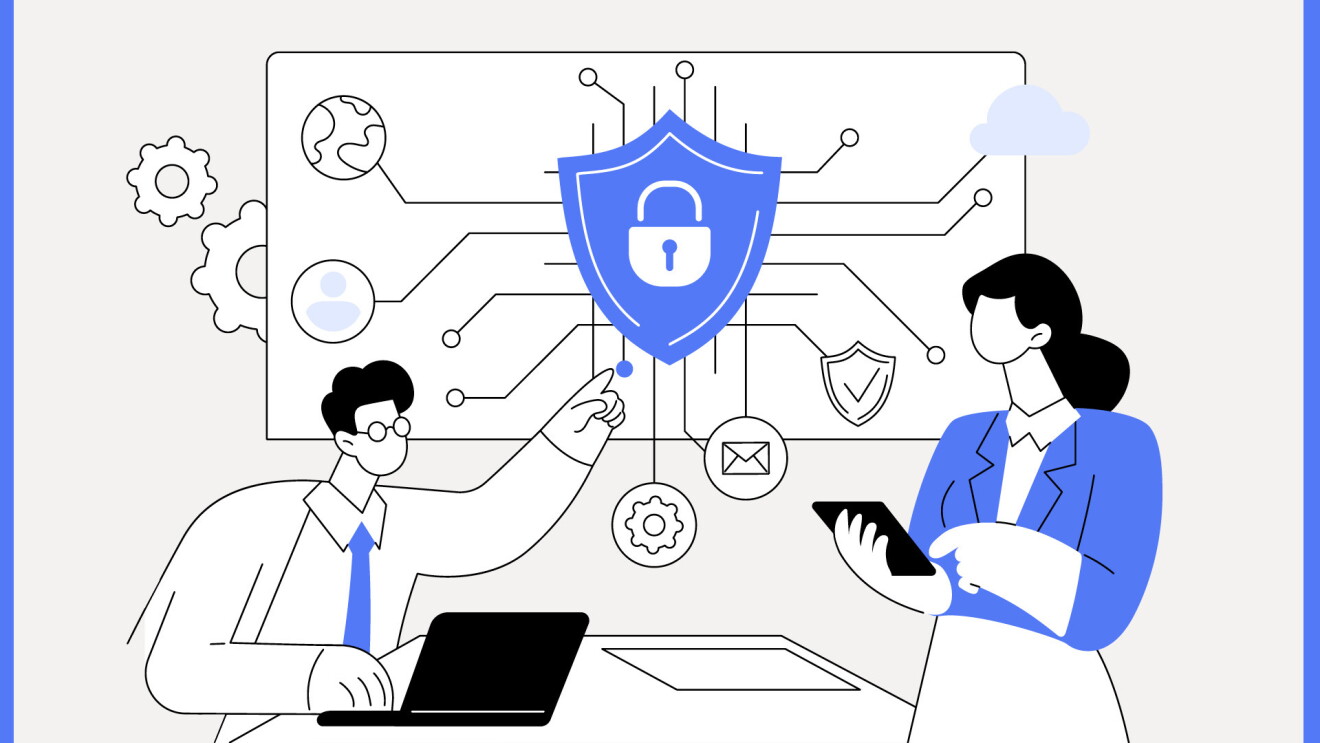An illustration of two people working on devices that represent cybersecurity. 