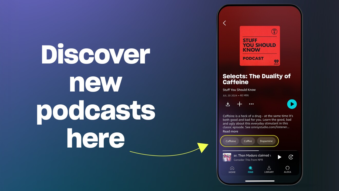 Discover new podcasts banner with podcast details displayed