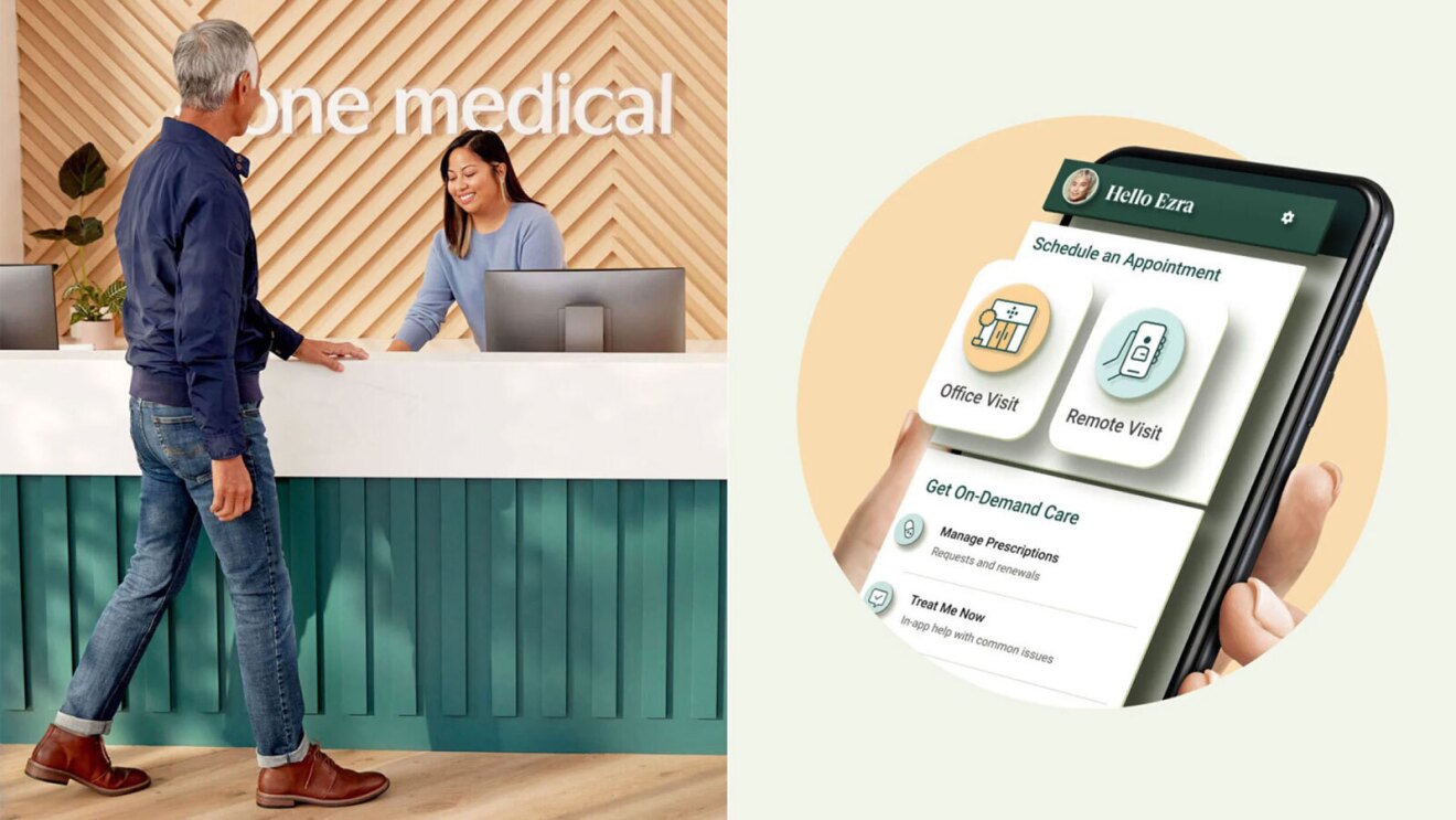 Prime Day 2023 live blog best deals: 50/50 image of a man walking up to the "one medical" front desk and another image of his phone navigating an appointment app.