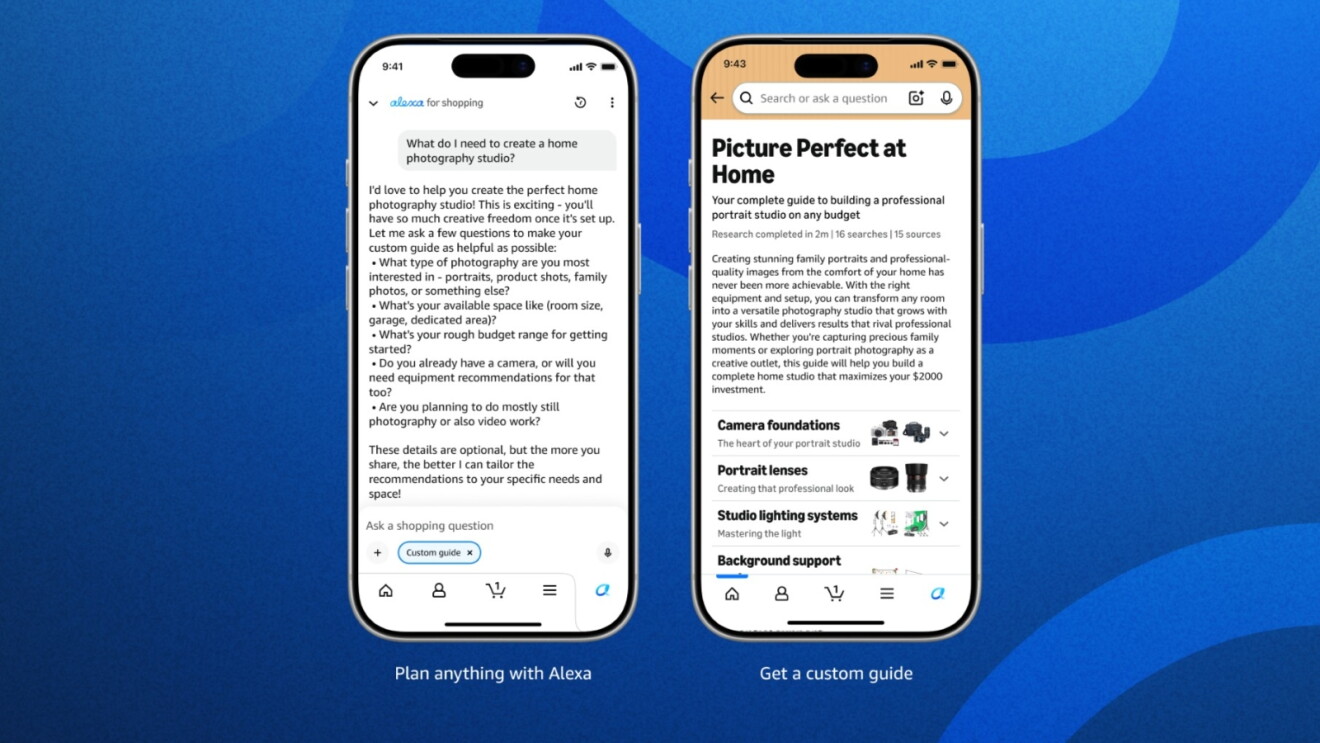 Amazon shopping app interface with Alexa integration demonstrating personalized shopping guidance through chat on left and curated product guide on right