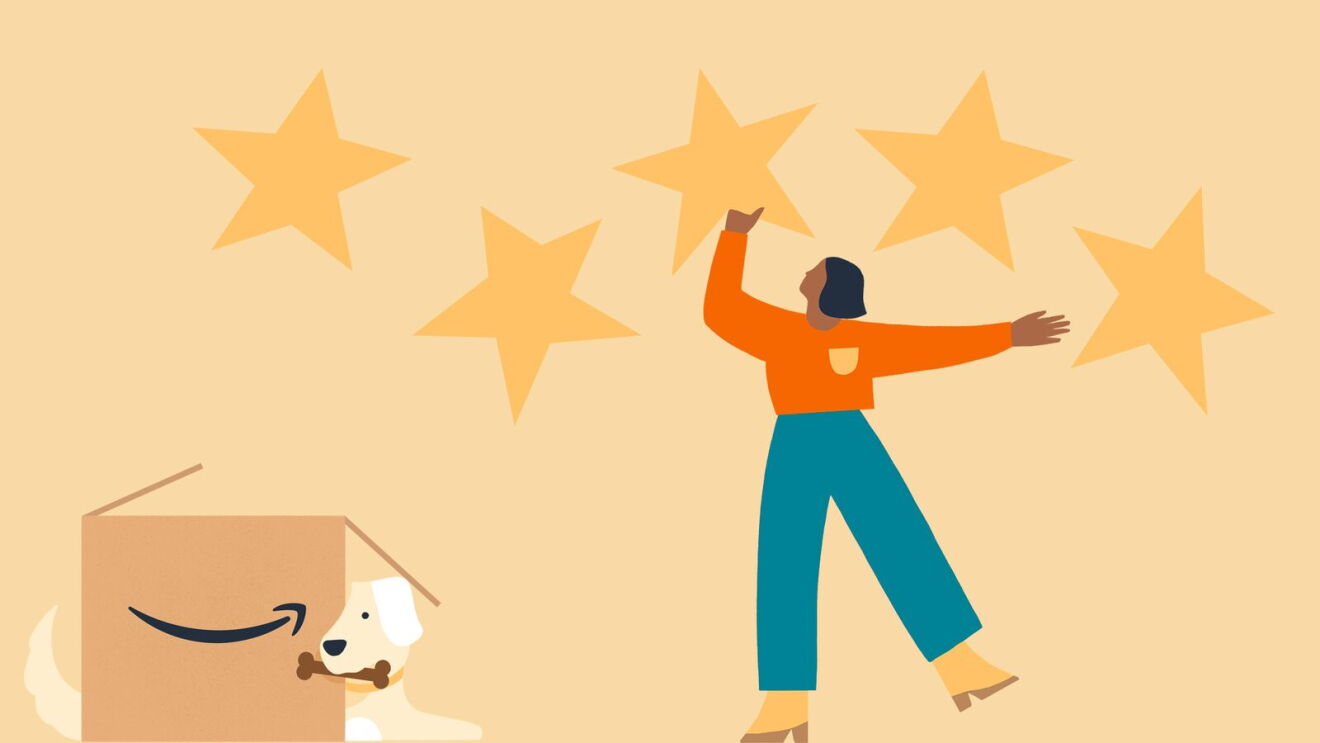 Joyful shopper with stellar ratings, curious pup in delivery box
