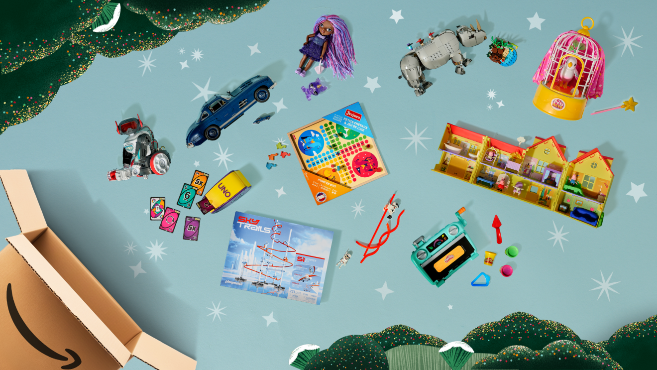 Ensemble de jeux et d'idées cadeaux pour Noël sur fond bleu