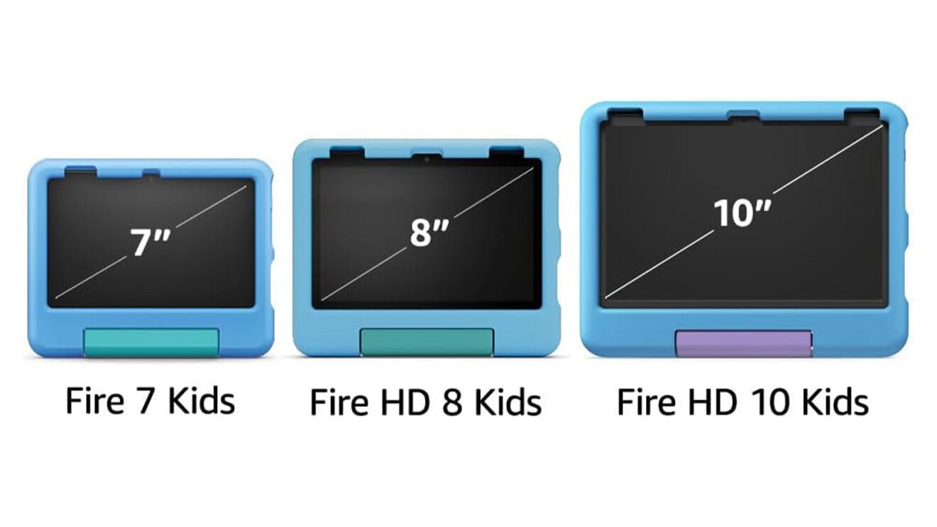 Three Amazon Fire tablets for kids in different sizes: 7, 8, and 10 inches