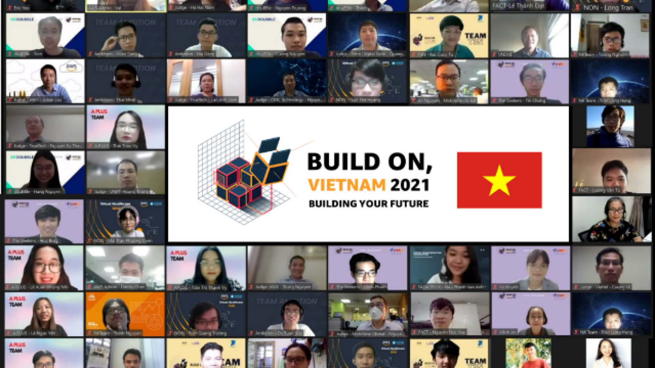 Screen shot featuring a collage of participants in a virtual event