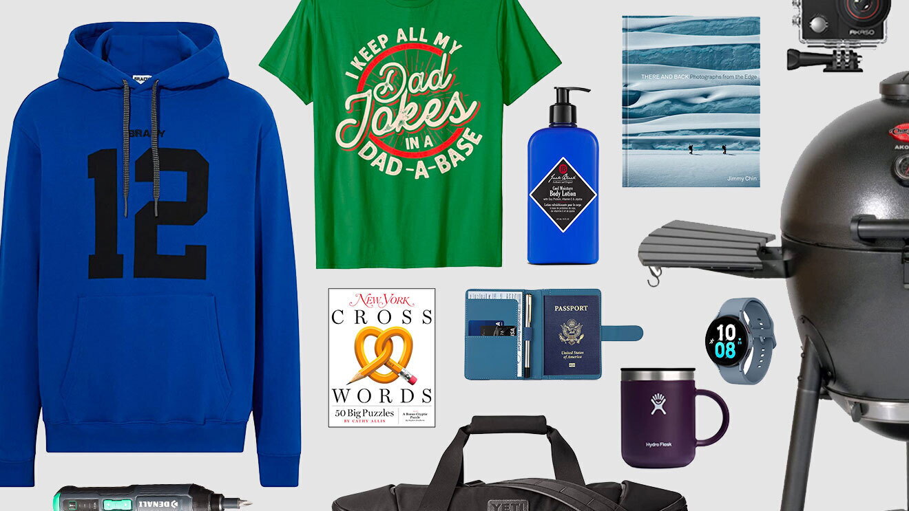 A variety of items available to shop on Amazon.com, including a blue sweater, a green shirt, a book, a mug, a passport holder, a grill, a watch, a camera, and a puzzle book.