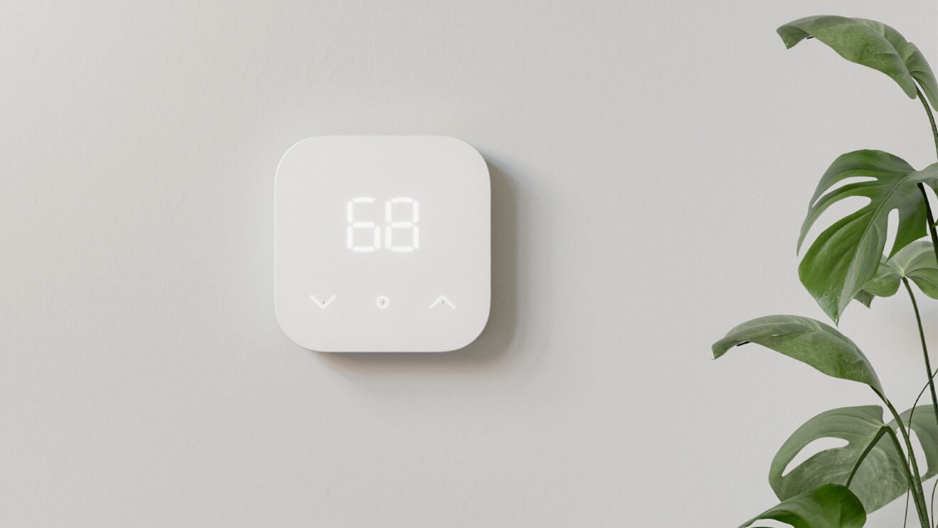 An image of the Amazon Smart Thermostat with a plant on the left. 