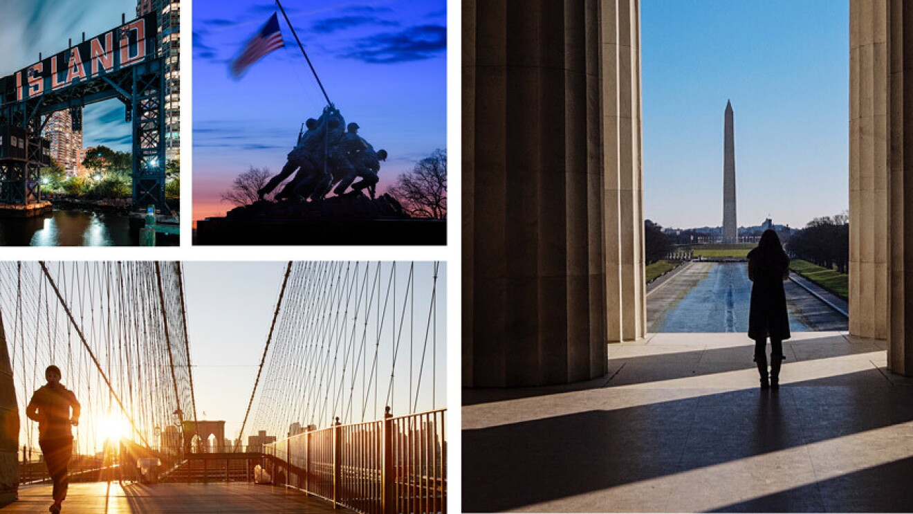 Four images featuring scenes from New York City, NY and Arlington, VA. From top left: Long Island bridge with "LONG ISLAND" painted on the side of the bridge in red and white, The Marine Corps War Memorial which was inspired by the iconic 1945 photograph of six Marines raising a U.S. flag atop Mount Suribachi during the World War II Battle of Iwo Jima. A person runs across the Brooklyn Bridge as the sun rises behind them. A person stands in the shadows of the Lincoln Memorial, facing the Washington Monument. 