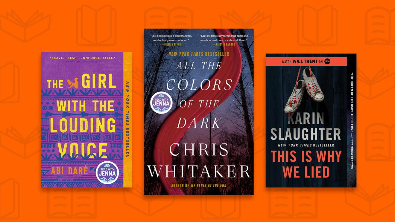 Book covers of three popular novels on orange background